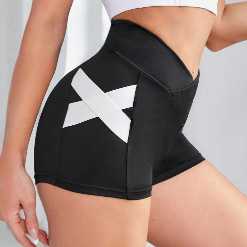 

Overlap Waist Criss Cross Biker Shorts, Black