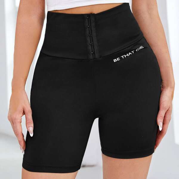 

Hook & Eye Waist Slogan Graphic Biker Shorts, Black