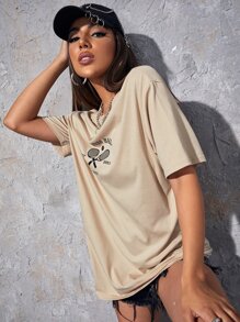 SHEIN Unity Camiseta Holgada Con Gráficos De Letras - Albaricoque - Ver 4