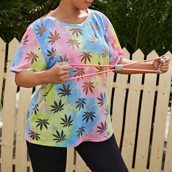 

Plus Tie Dye & Plants Print Tee, Multicolor