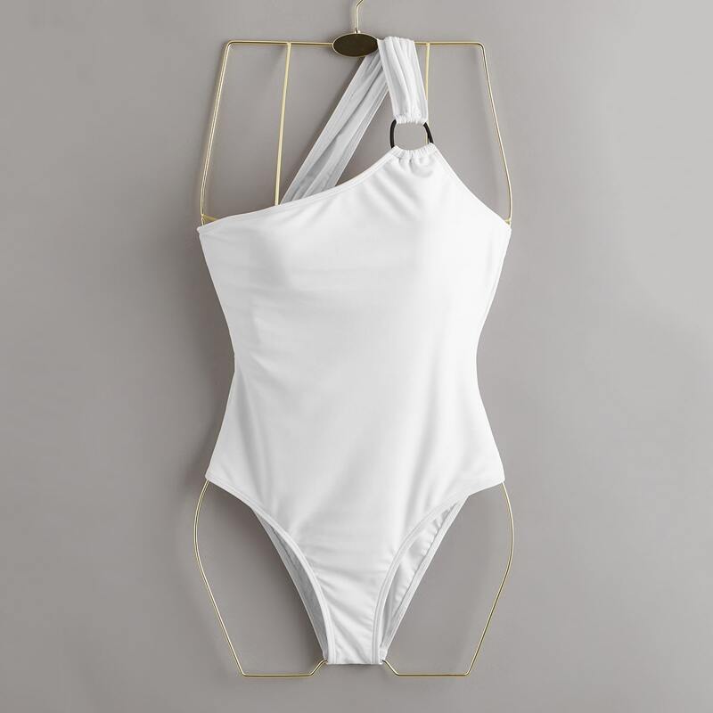 

Solid One Shoulder One Piece Swimsuit, White