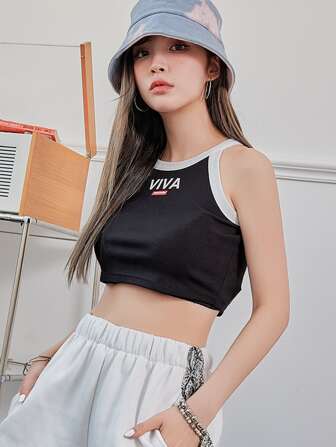 Letter Graphic Crop Halter Top
