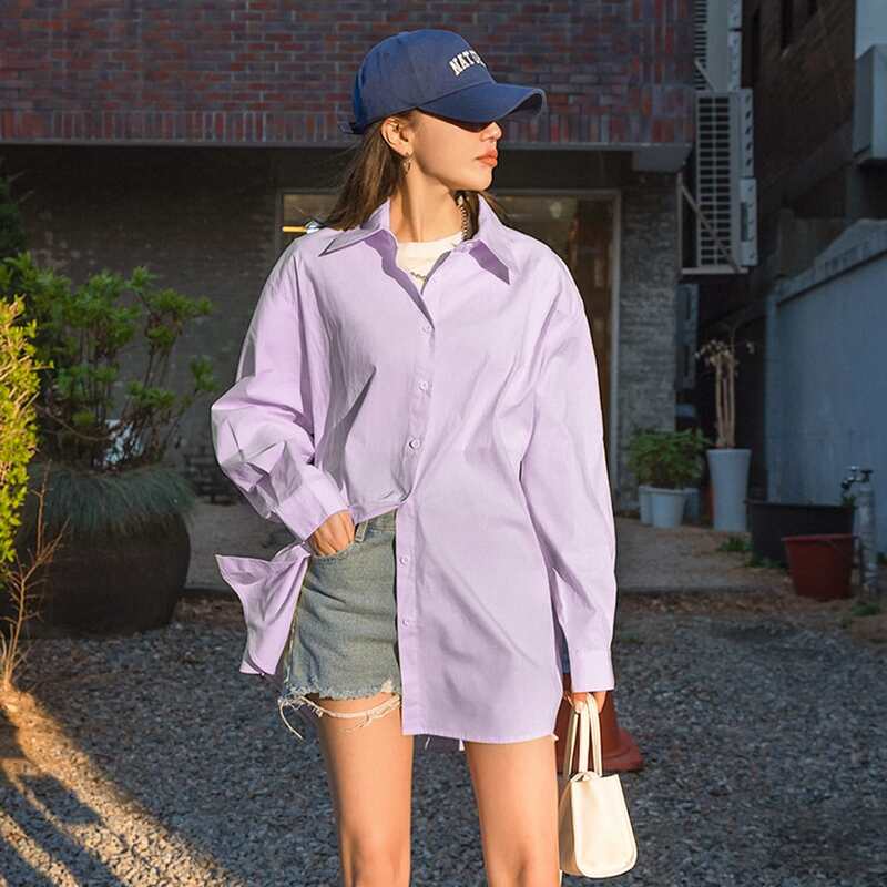 

Button Front Drop Shoulder Longline Blouse, Lilac purple