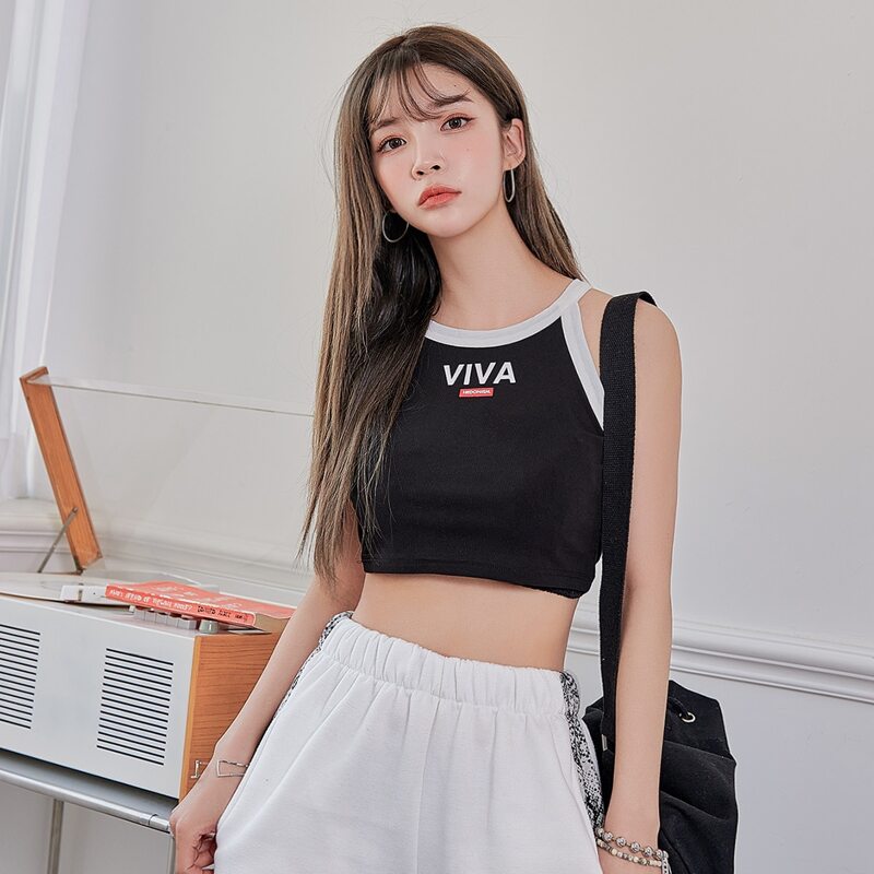 

Letter Graphic Crop Halter Top, Black