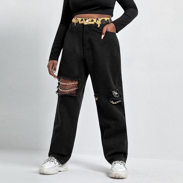 

Plus Contrast Waistband Chain Detail Ripped Jeans, Black