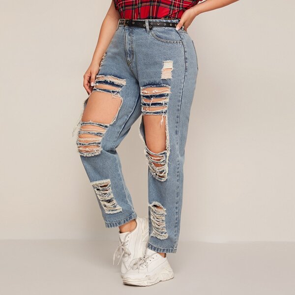 

Plus Ripped Detail Jeans Without Belt, Blue