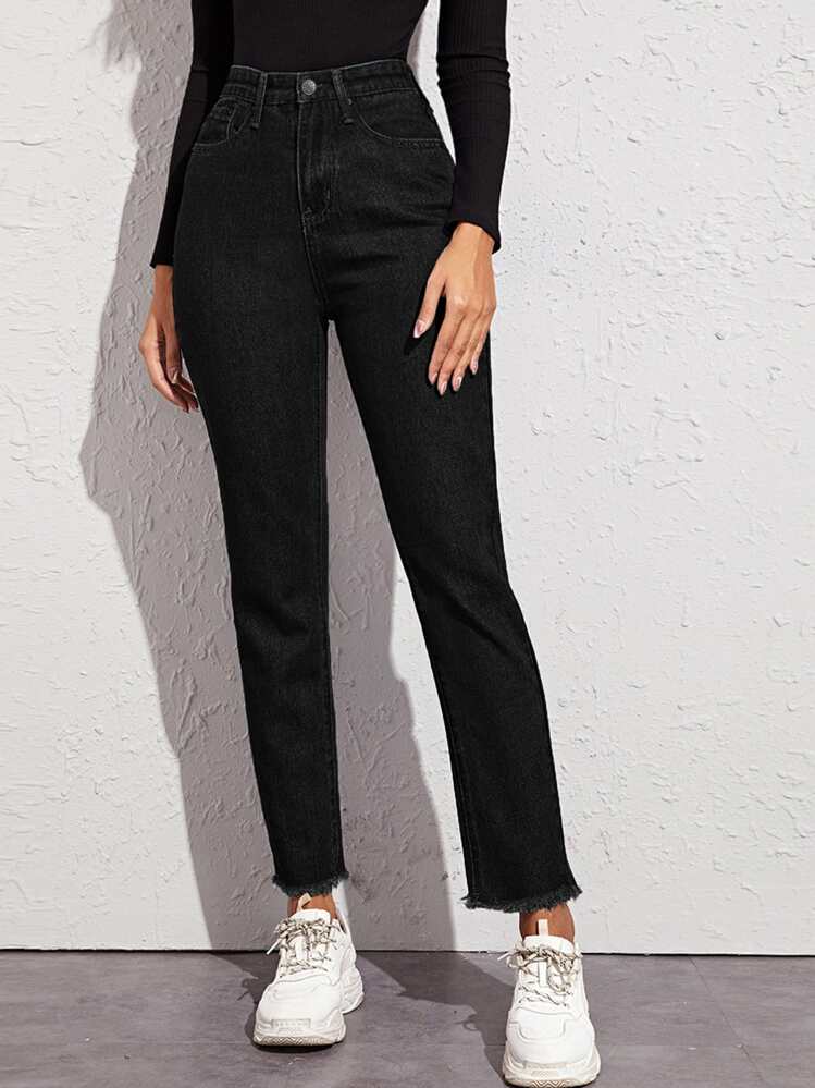 High Waisted Raw Hem Jeans - Black - View 1