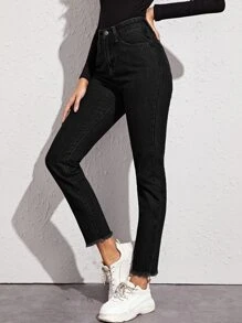 Jeans unicolor bajo crudo - Negro - Ver 4