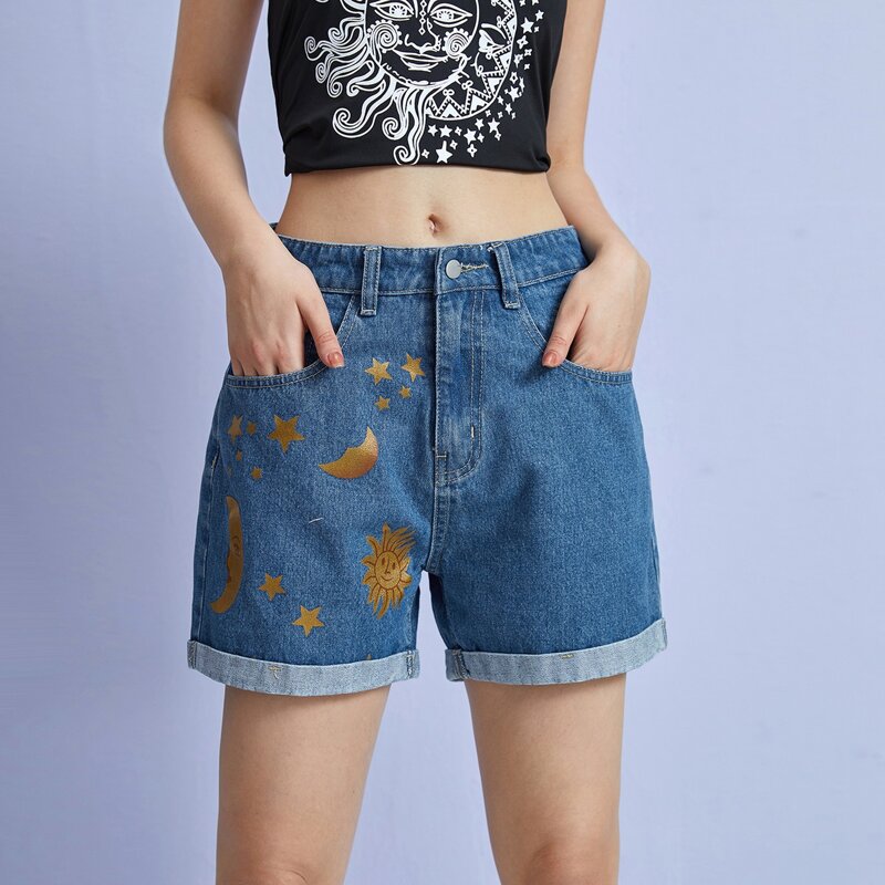 Sun & Moon Graphic Cuffed Denim Shorts, Medium wash