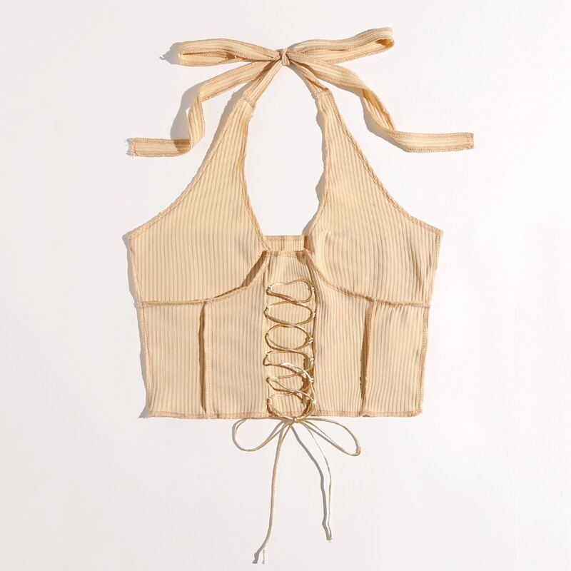 

Contrast Stitching Crop Halter Top, Apricot