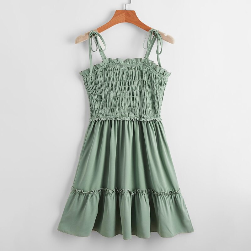 

Solid Shirred Tie Shoulder Cami Dress, Green