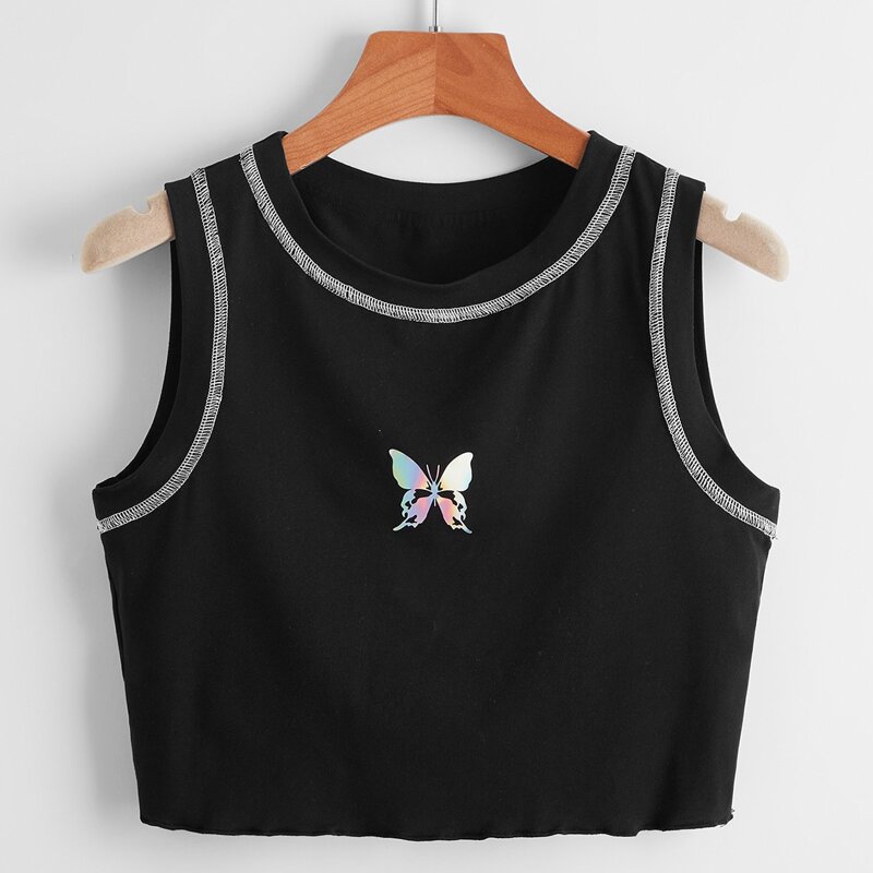 

Holographic Butterfly Graphic Stitching Trim Tank Top, Black