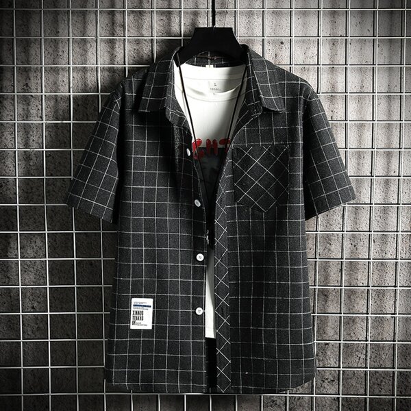 

Men 1pc Plaid Letter Patched Shirt, Black