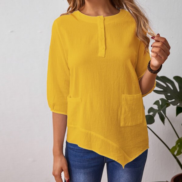 

Half Button Asymmetrical Hem Blouse, Yellow