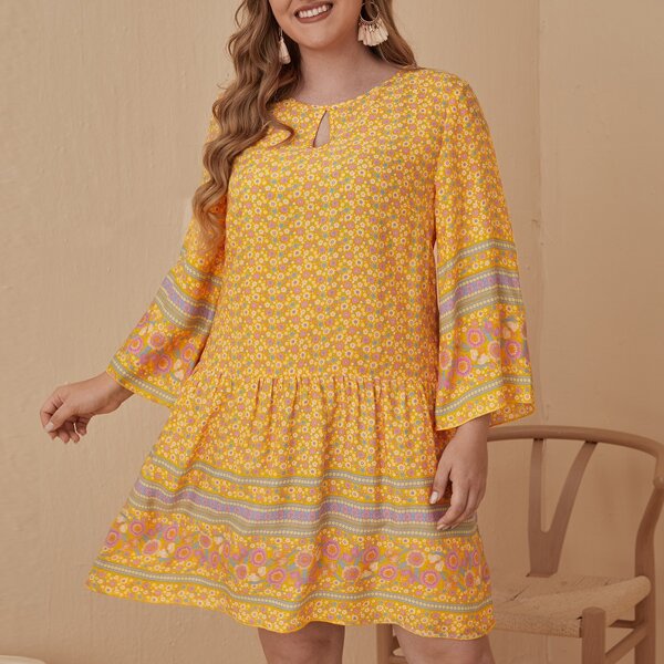 

Plus Floral Print Keyhole Neck Smock Dress, Yellow