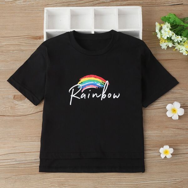 

Girls Letter & Rainbow Striped Tee, Black