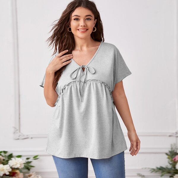 

Plus Double V-neck Knot Front Frill Trim Tee, Light grey