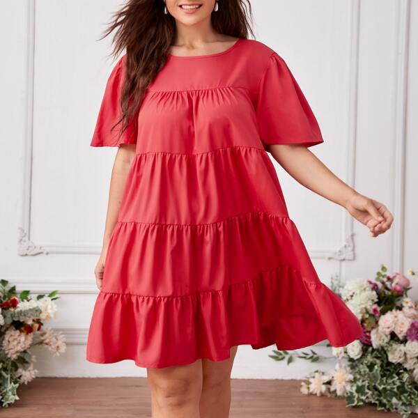 

Plus Solid Ruffle Hem Babydoll Dress, Red