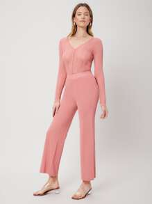 SHEIN Essnce VISCOSE WIDE LEG KNIT TROUSERS - Dusty Pink - View 4