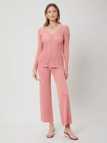 SHEIN Essnce VISCOSE WIDE LEG KNIT TROUSERS - Dusty Pink - View 9