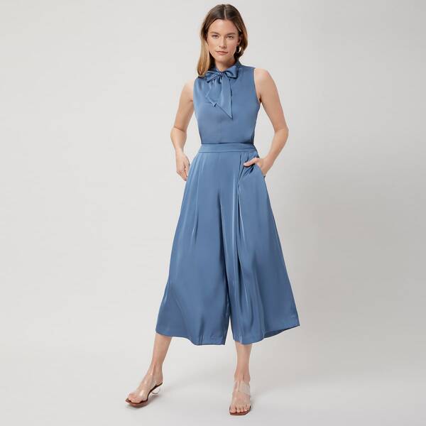 

TIE NECK TOP & WIDE PANTS SET, Dusty blue