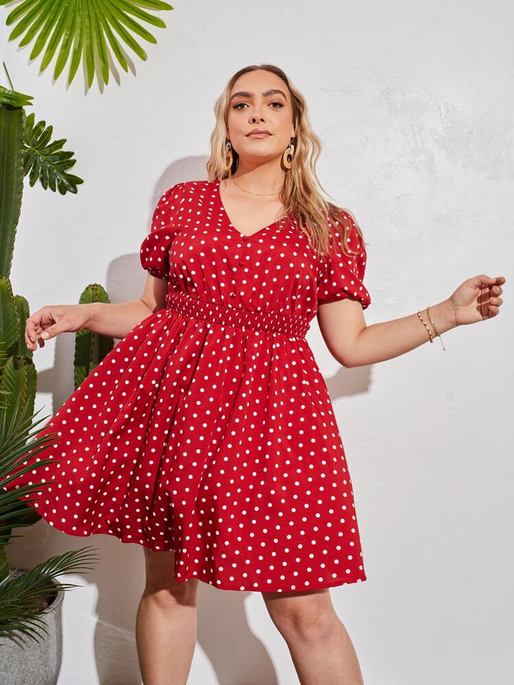 SHEIN 大碼波卡圓點打褶泡泡袖連衣裙 - 紅色 - 查看 1