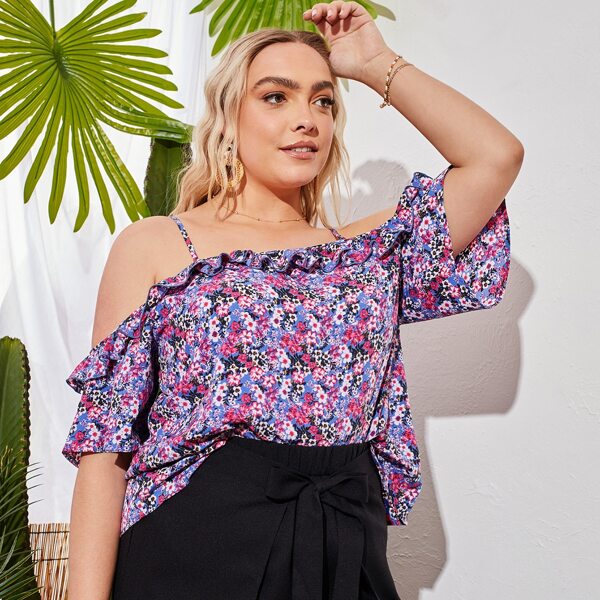 

Plus Ditsy Floral Cold Shoulder Ruffle Detail Top, Multicolor