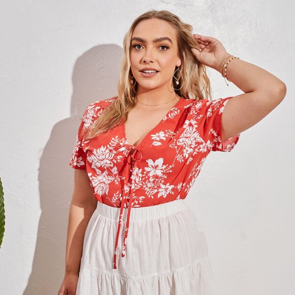 

Plus Tie Front Floral Print Blouse, Red