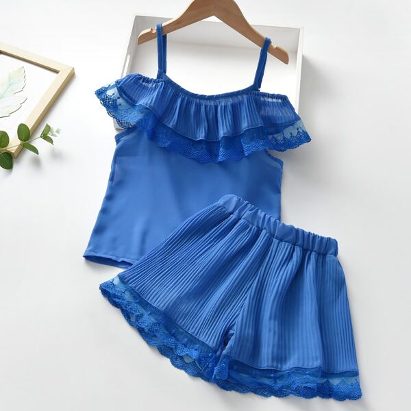 

Toddler Girls Solid Contrast Mesh Cold Shoulder Top & Pleated Shorts, Blue