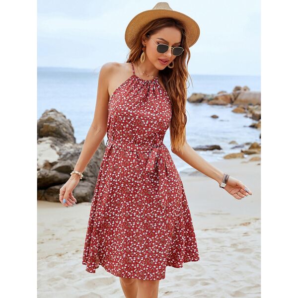 

Ditsy Floral Belted Halter Dress, Burgundy