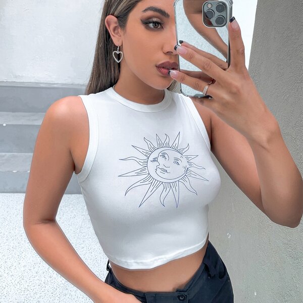 

Sun Print Crop Tank Top, White