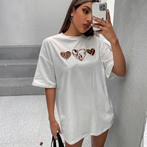 

Heart Print Drop Shoulder Tee, White