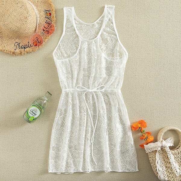 

Floral Lace Drawstring Waist Cover Up, White