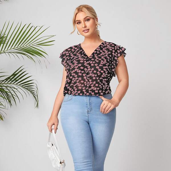 

Plus Four Leaf Clover Print Ruffle Trim Blouse, Multicolor