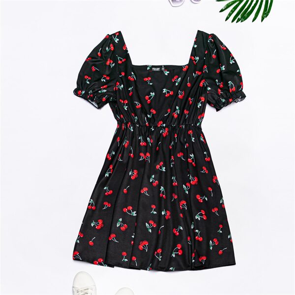 

Plus Cherry Print Square Neck A-line Milkmaid Dress, Black