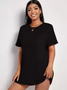 Flirla Plus Solid Crew Neck Longline Tee - Black - View 1