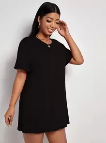 Flirla Plus Solid Crew Neck Longline Tee - Black - View 4