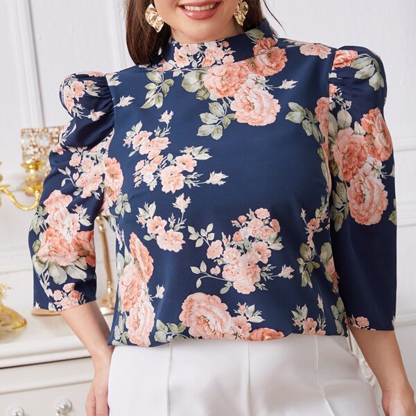 

Plus Mock Neck Puff Sleeve Floral Top, Multicolor