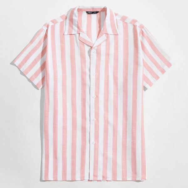 

Men Notched Collar Striped Shirt, Pink