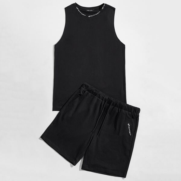 

Men Letter Graphic Tank Top & Track Shorts Set, Black