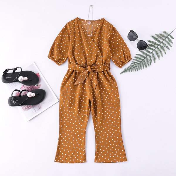

Toddler Girls Polka Dot Surplice Front Belted Jumpsuit, Mustard yellow
