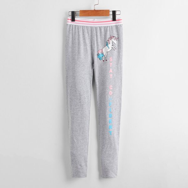 

Girls Striped Waistband Letter and Unicorn Print Leggings, Grey