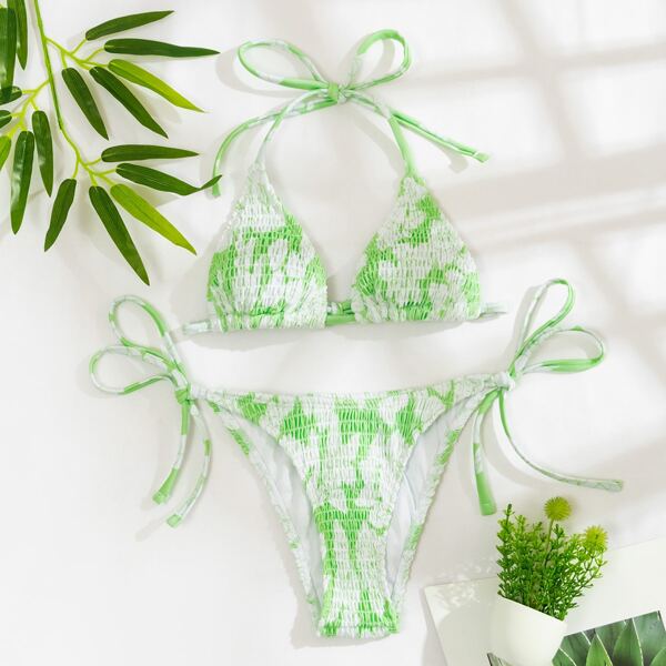 

Smocked Triangle Tie Side Bikini Swimsuit, Multicolor