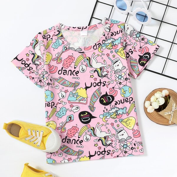 

Toddler Girls Cartoon & Letter Graphic Tee, Multicolor