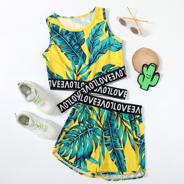 

Girls Tropical And Letter Graphic Tank Top & Shorts, Multicolor