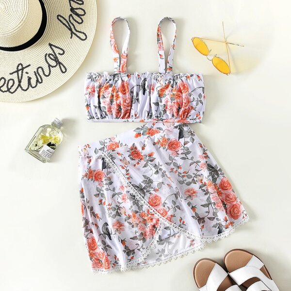 

3pack Floral Bikini Swimsuit & Beach Skirt, Multicolor