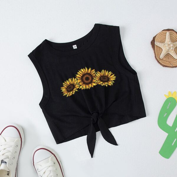 

Girls Sunflower Print Knot Hem Tank Top, Black
