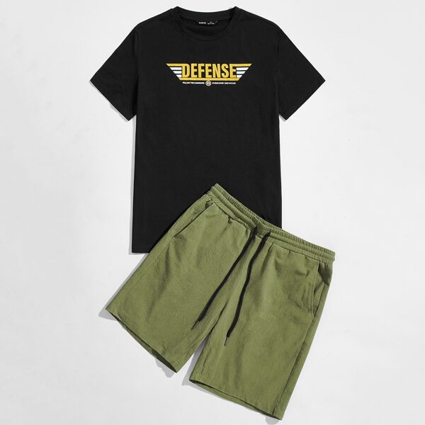 

Men Letter Graphic Tee & Slant Pocket Shorts Set, Multicolor