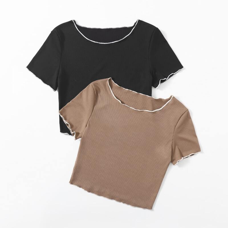 

2pcs Contrast Binding Tee, Multicolor
