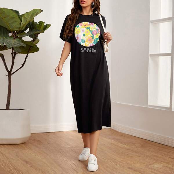 

Letter & Floral Print Dress, White